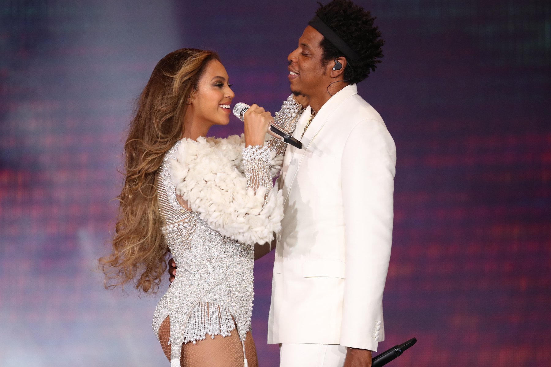 Jay-Z and his wife Beyonce performing on stage in Houston in 2018